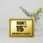15th Birthday Party ~ Art Deco Style “15” + Name Foil Invitation Postcard (Standing Front)