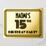 [ Thumbnail: 15th Birthday Party ~ Art Deco Style “15” + Name Postcard ]