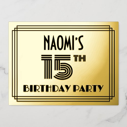 15th Birthday Party  Art Deco Style 15  Name Foil Invitation Postcard