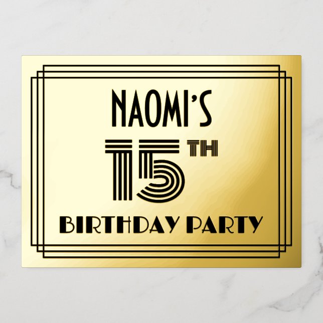 15th Birthday Party ~ Art Deco Style “15” + Name Foil Invitation Postcard (Front)