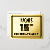 15th Birthday Party ~ Art Deco Style “15” + Name Foil Invitation Postcard (Front/Back)