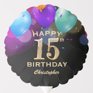 15th Birthday Party Black and Gold Balloon