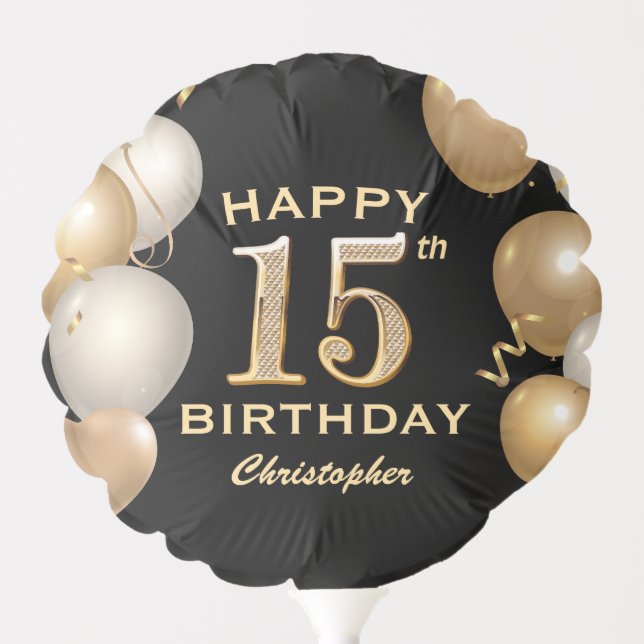 15th Birthday Party Black and Gold Balloons (Front)
