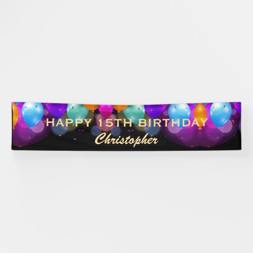 15th Birthday Party Black and Gold Balloons Banner