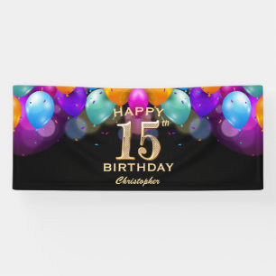 15th Birthday Party Black and Gold Balloons Banner