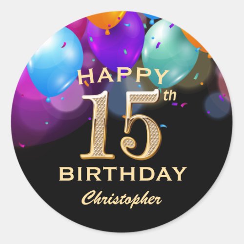 15th Birthday Party Black and Gold Balloons Classic Round Sticker