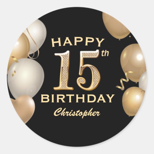 15th Birthday Party Black and Gold Balloons Classic Round Sticker