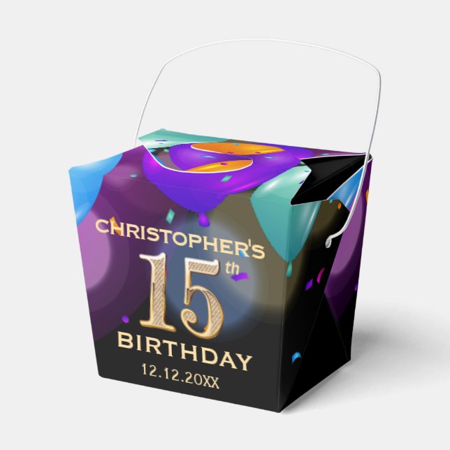15th Birthday Party Black and Gold Balloons Favor Boxes (Front Side)
