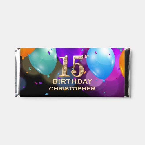 15th Birthday Party Black and Gold Balloons Hershey Bar Favors