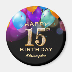 15th Birthday Party Black and Gold Balloons Magnet