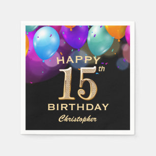 15th Birthday Party Black and Gold Balloons Napkins