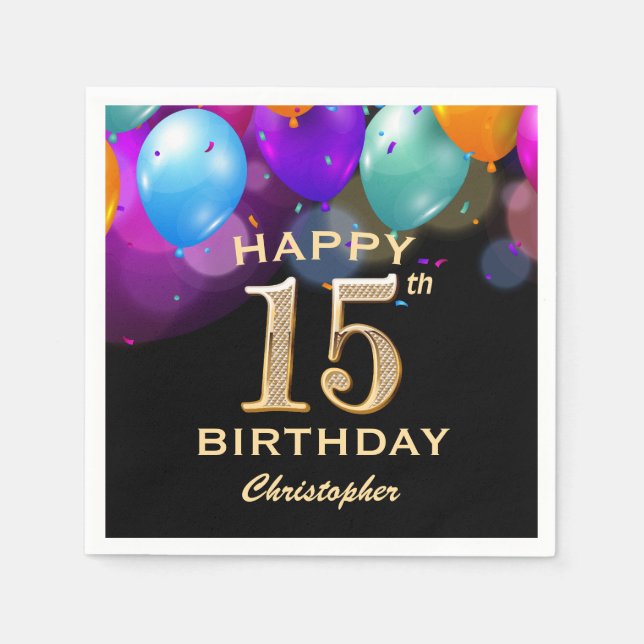15th Birthday Party Black and Gold Balloons Napkins (Front)