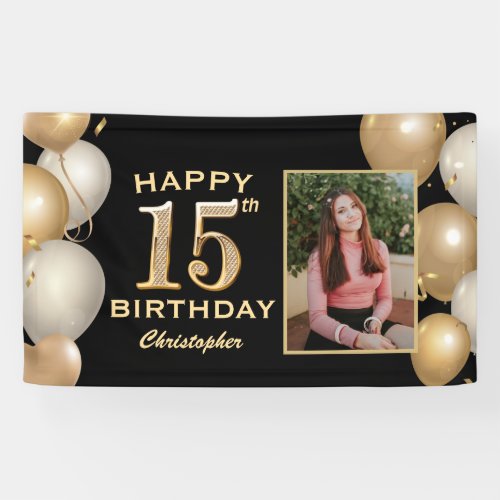 15th Birthday Party Black and Gold Balloons Photo Banner