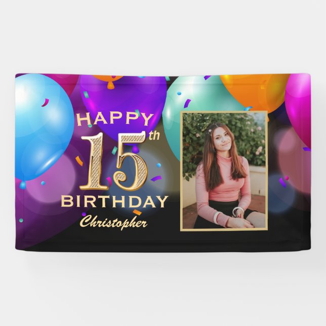15th Birthday Party Black and Gold Balloons Photo Banner (Horizontal)