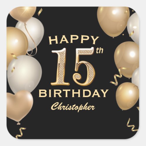 15th Birthday Party Black and Gold Balloons Square Sticker