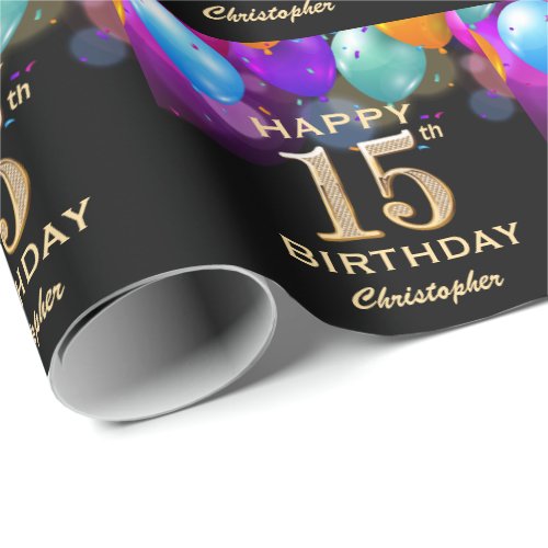 15th Birthday Party Black and Gold Balloons Wrapping Paper