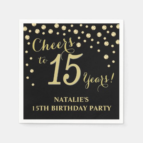 15th Birthday Party Black and Gold Diamond Napkins