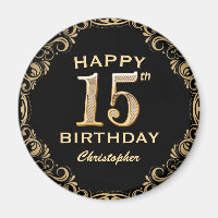 15th Birthday Party Black and Gold Glitter Frame