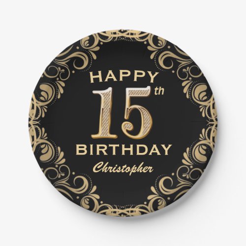 15th Birthday Party Black and Gold Glitter Frame Paper Plates