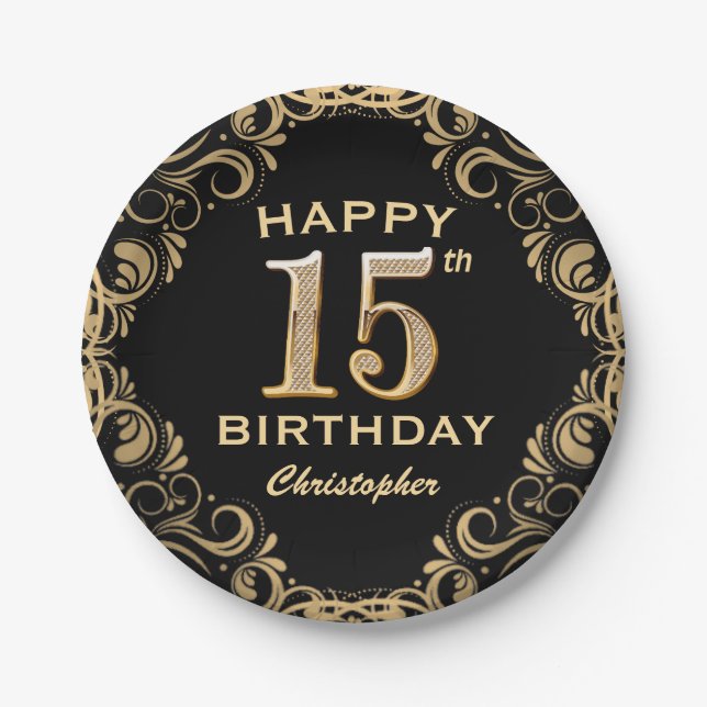 15th Birthday Party Black and Gold Glitter Frame Paper Plates (Front)