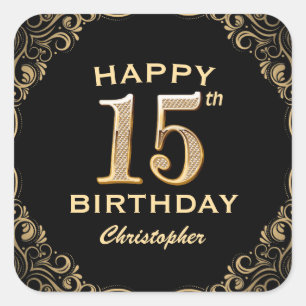 15th Birthday Party Black and Gold Glitter Frame Square Sticker