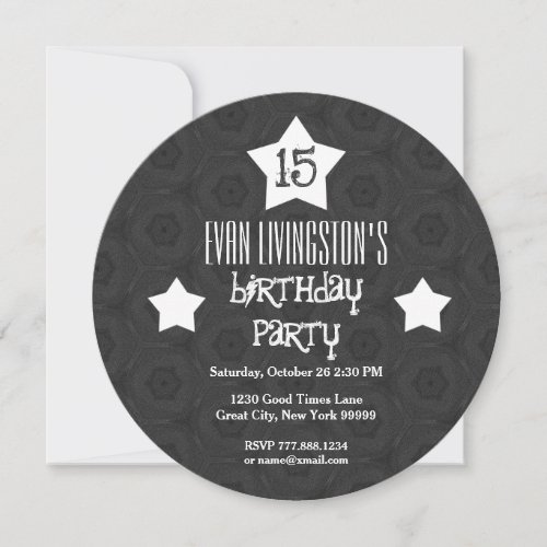 15th Birthday Party Black Circle White Stars W10D Invitation