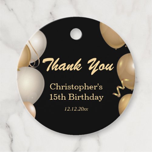 15th Birthday Party Black Gold Balloons Thank You Favor Tags
