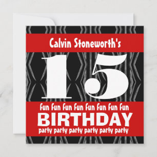 15th Birthday Party Black Red White Contemporary Invitation