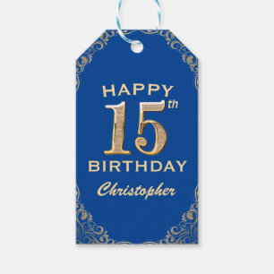 15th Birthday Party Blue and Gold Glitter Frame Gift Tags