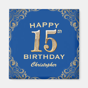 15th Birthday Party Blue and Gold Glitter Frame Magnet