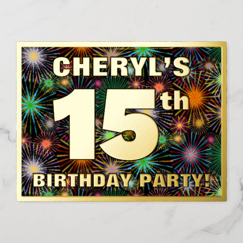 15th Birthday Party Bold Colorful Fireworks Look Foil Invitation Postcard