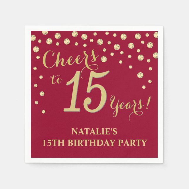 15th Birthday Party Burgundy Red and Gold Diamond Napkins (Front)