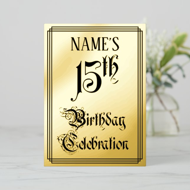 15th Birthday Party — Elegant Script + Custom Name Foil Invitation (Standing Front)