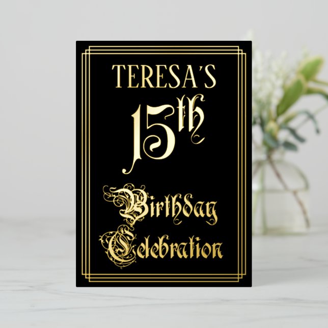 15th Birthday Party — Fancy Script & Custom Name Foil Invitation (Standing Front)