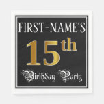 [ Thumbnail: 15th Birthday Party — Fancy Script, Faux Gold Look Napkins ]