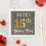 [ Thumbnail: 15th Birthday Party — Faux Gold & Faux Wood Looks Napkins ]