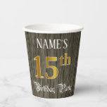 [ Thumbnail: 15th Birthday Party — Faux Gold & Faux Wood Looks Paper Cups ]