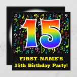 [ Thumbnail: 15th Birthday Party: Fun Music Symbols, Rainbow 15 Invitation ]