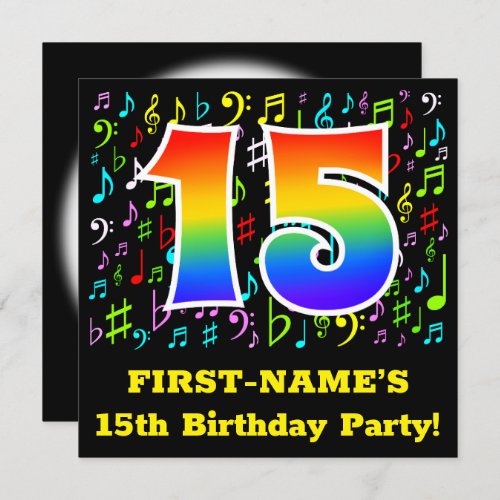 15th Birthday Party Fun Music Symbols Rainbow 15 Invitation