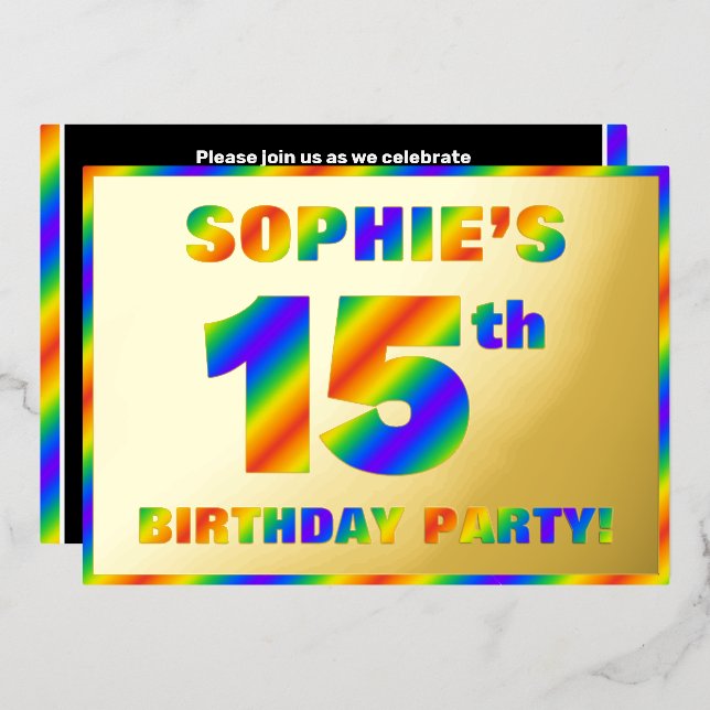 15th Birthday Party — Fun, Rainbow Spectrum “15” Foil Invitation (Front/Back)