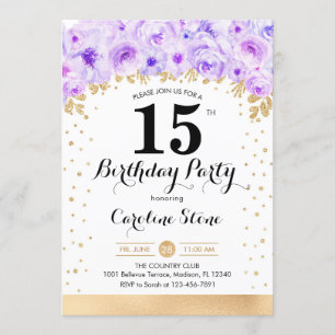 15th Birthday Party - Gold Purple Flowers Invitation