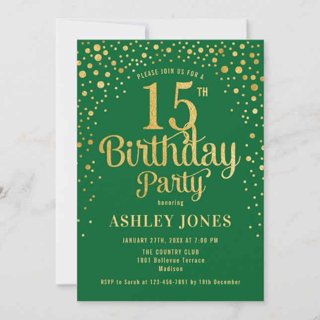15th Birthday Party - Green & Gold Invitation (Front)