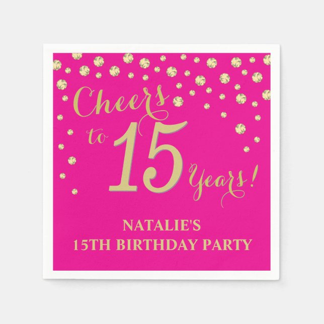 15th Birthday Party Hot Pink and Gold Diamond Napkins (Front)
