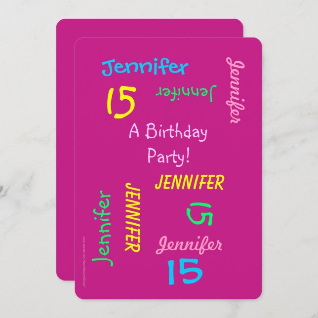 15th Birthday Party Hot Pink Personalized Name Invitation (Front/Back)