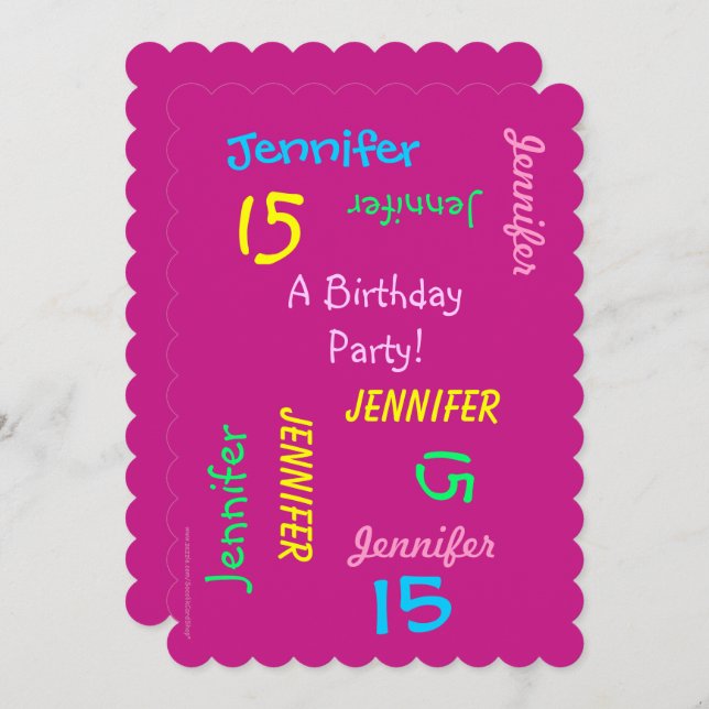 15th Birthday Party Hot Pink Personalized Name Invitation (Front/Back)