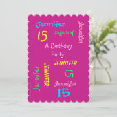 15th Birthday Party Hot Pink Personalized Name Invitation (Standing Front)