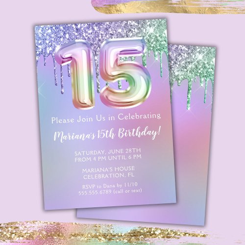 15th Birthday Party Invitation Purple Pink Glitter