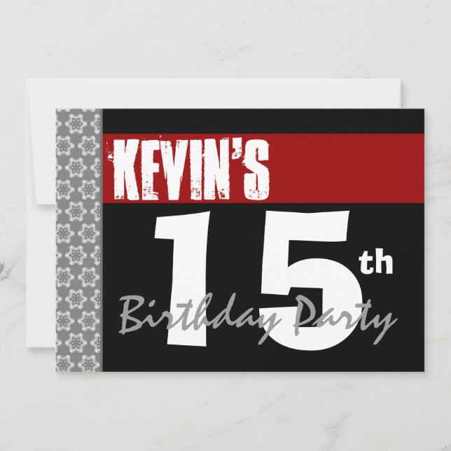 15th Birthday Party Modern Red Black and White 2E Invitation (Front)