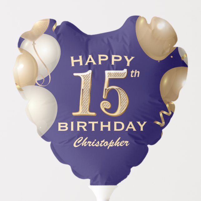 15th Birthday Party Navy Blue and Gold Balloons (Front)