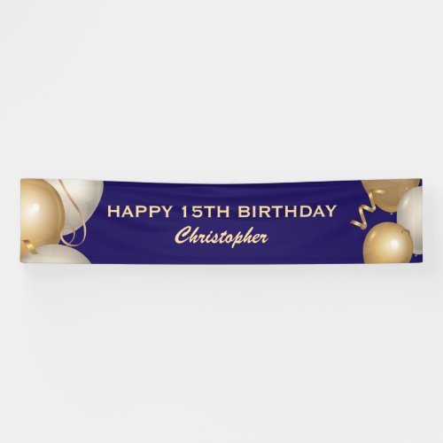 15th Birthday Party Navy Blue and Gold Balloons Banner